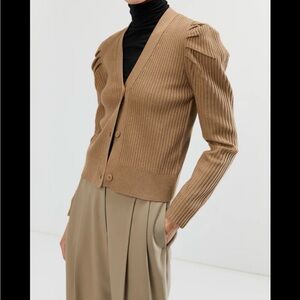 Oak and Fort Women's puffy sleeved Ribbed Cardigan Sweater